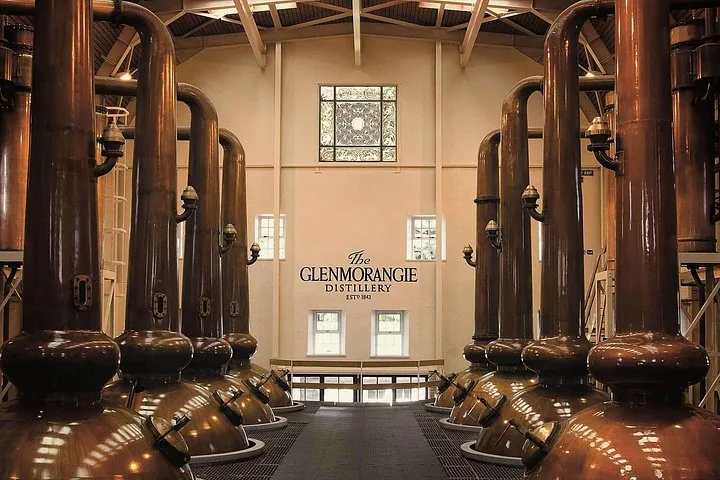 Reihen hoher Kupferbrennblasen im Gebäude von The Glenmorangie Distillery.